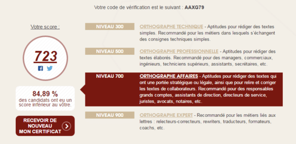 Exemple d'un certificat Voltaire attestant votre niveau d'orthographe